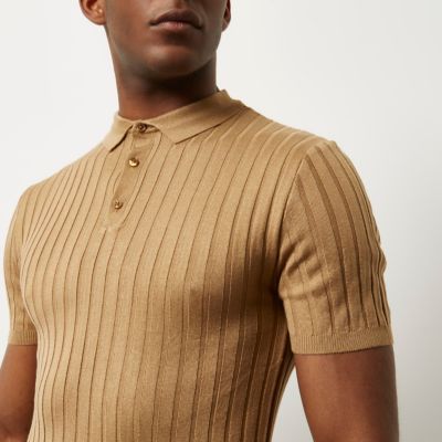 Brown muscle fit ribbed polo shirt
